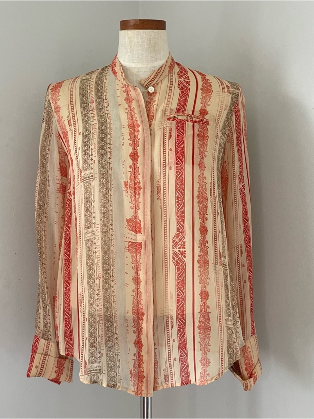 Cottagecore Gary Graham Sheer Printed 100% Silk button up shirt size 6 Rare EUC